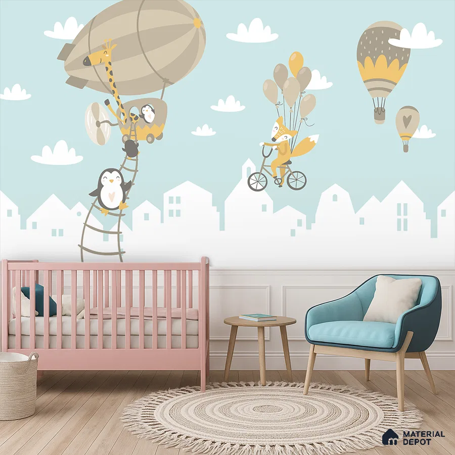 Scandinavian kids room with pastel animal print wallpaper, pink crib, and light wood furniture in Bengaluru