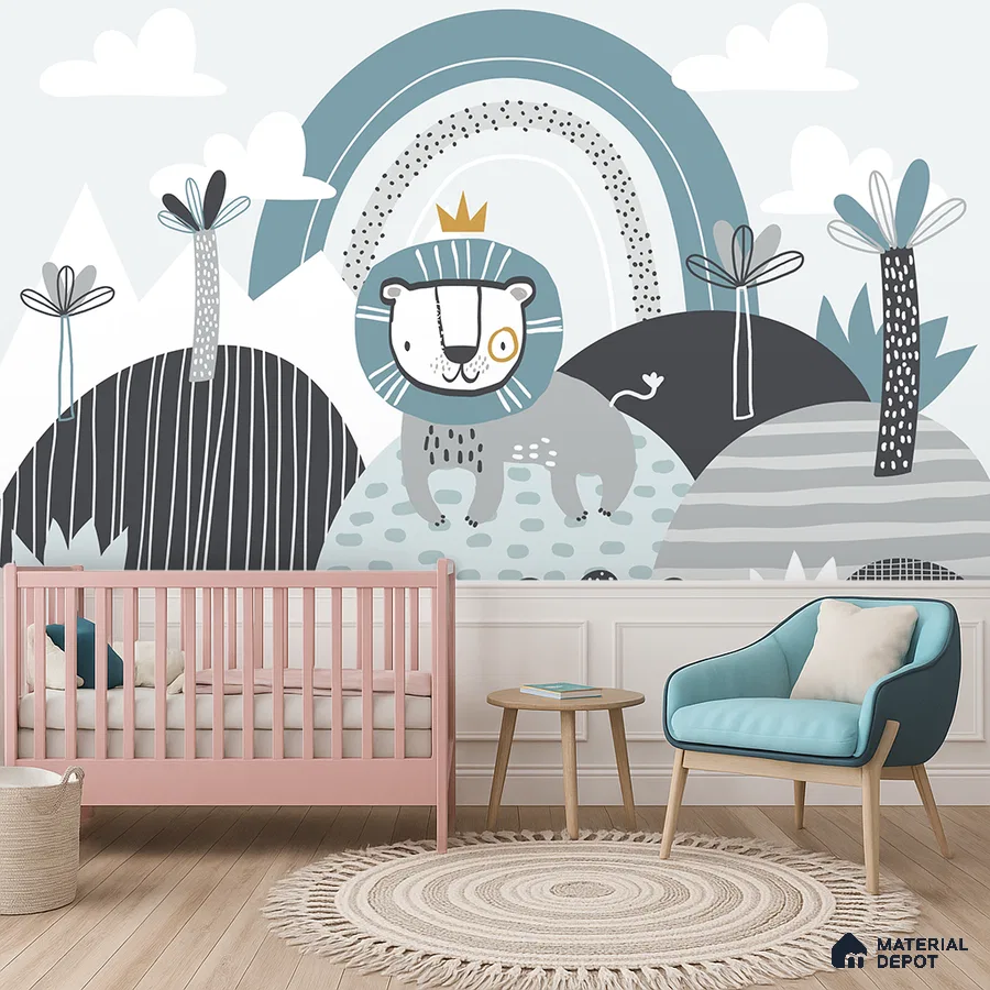 Scandinavian kids room with pastel animal wallpaper, light wood flooring, and blush pink crib in Bengaluru