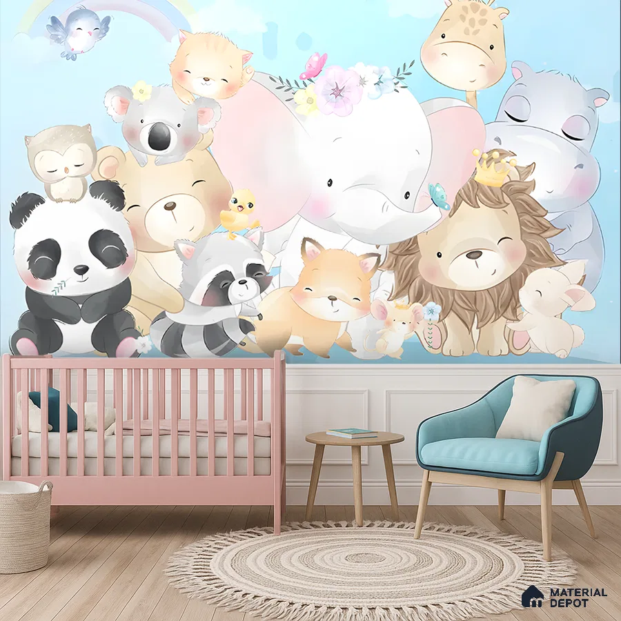 Scandinavian kids room with pastel animal wallpaper, pink crib, and light wood flooring in Bengaluru