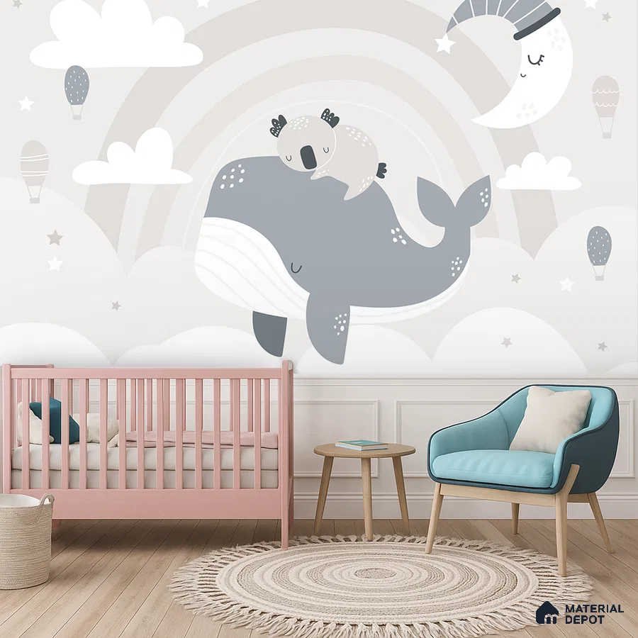 Scandinavian kids room with pastel animal wallpaper, pink crib, and light wood flooring in Bengaluru