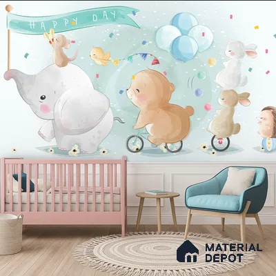 Scandinavian kids room with pastel animal-themed wallpaper and light wood flooring in Bengaluru