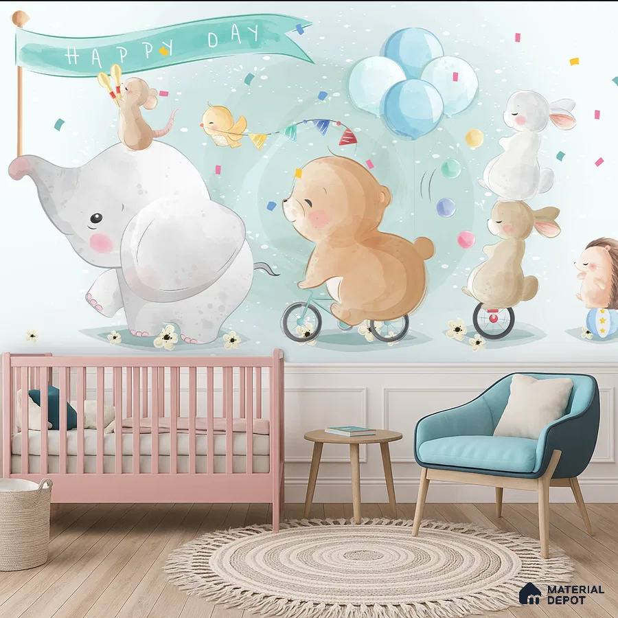 Scandinavian kids room with pastel animal-themed wallpaper and light wood flooring in Bengaluru