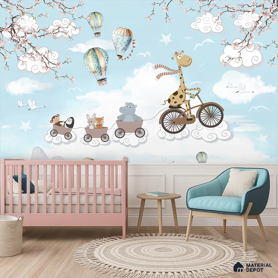 Scandinavian kids room with pastel animal-themed wallpaper and light wood flooring in Bengaluru