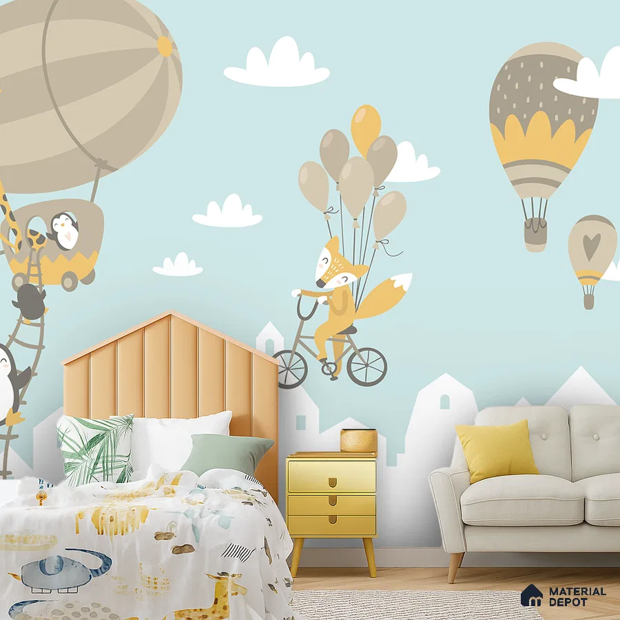 Scandinavian kids room with pastel animal-themed wallpaper and light wood flooring in Bengaluru