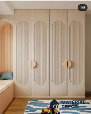 Scandinavian kids room with pastel beige fluted laminate wardrobe and wooden flooring | Material Depot