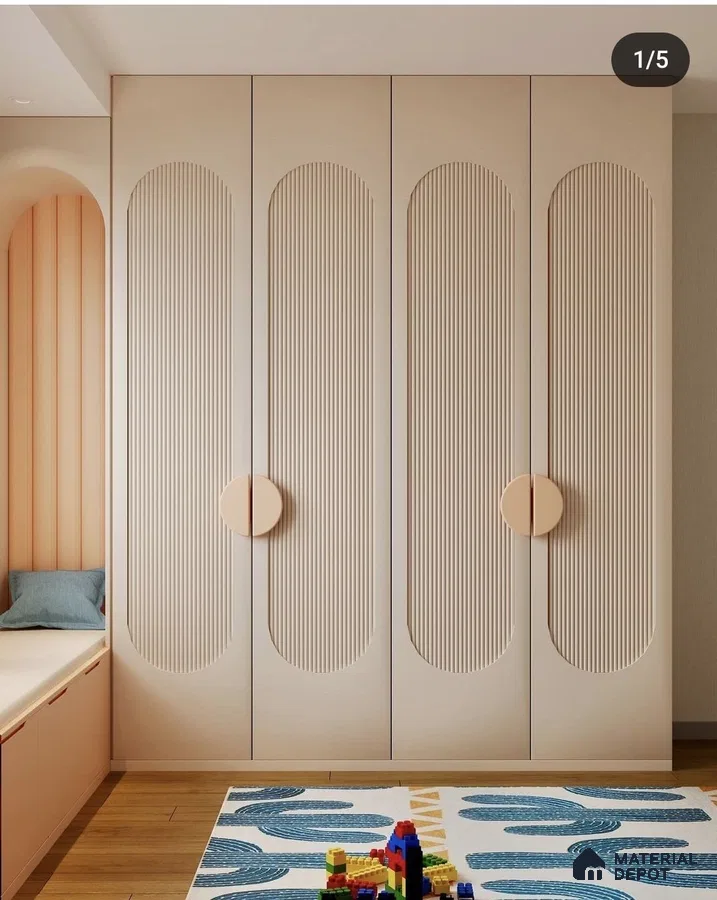 Scandinavian kids room with pastel beige fluted laminate wardrobe and wooden flooring | Material Depot