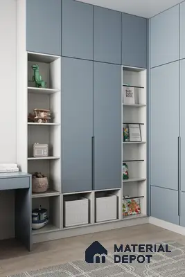 Scandinavian kids room with pastel blue and white laminate wardrobe and open shelving | Material Depot