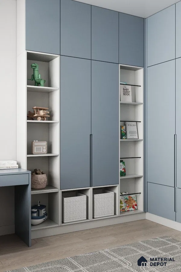 Scandinavian kids room with pastel blue and white laminate wardrobe and open shelving | Material Depot