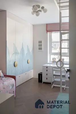 Scandinavian kids room with pastel blue leaf pattern wardrobe and herringbone wooden flooring | Material Depot