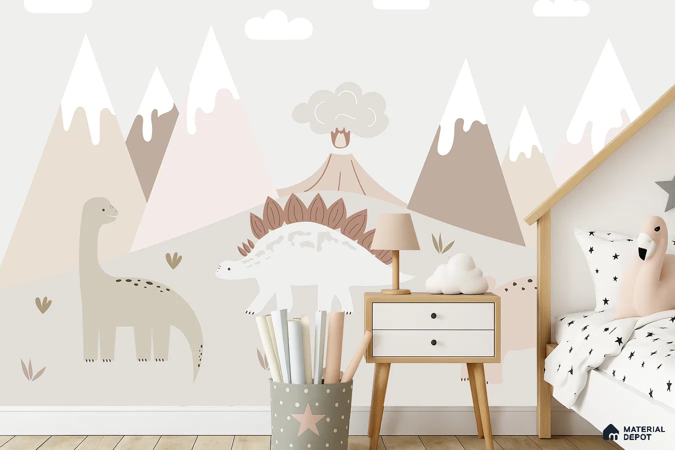 Scandinavian kids room with pastel dinosaur patterned wallpaper and light wood flooring in Bengaluru