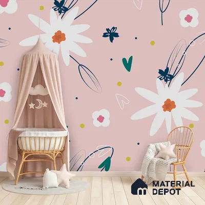 Scandinavian kids room with pastel floral wallpaper and light wood flooring in Bengaluru