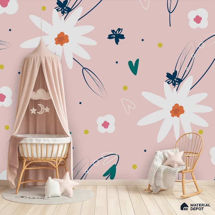 Scandinavian kids room with pastel floral wallpaper and light wood flooring in Bengaluru