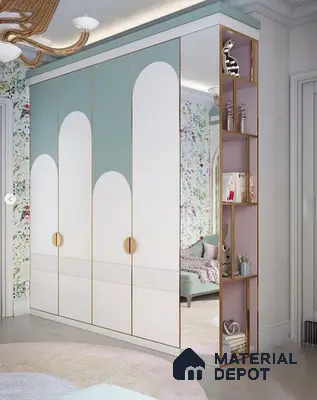 Scandinavian kids room with pastel green and white laminate wardrobe, floral wallpaper, and open shelving | Material Depot