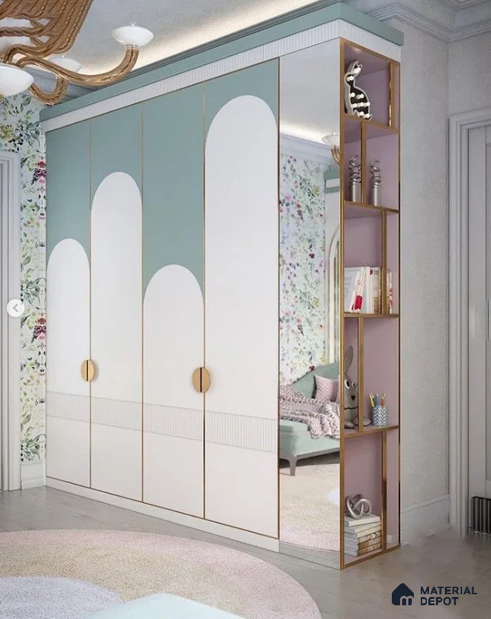 Scandinavian kids room with pastel green and white laminate wardrobe, floral wallpaper, and open shelving | Material Depot