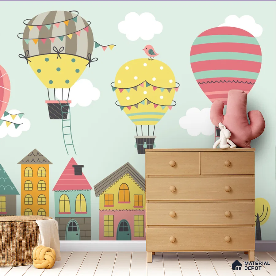 Scandinavian kids room with pastel hot air balloon wallpaper and light wood chest of drawers in Bengaluru