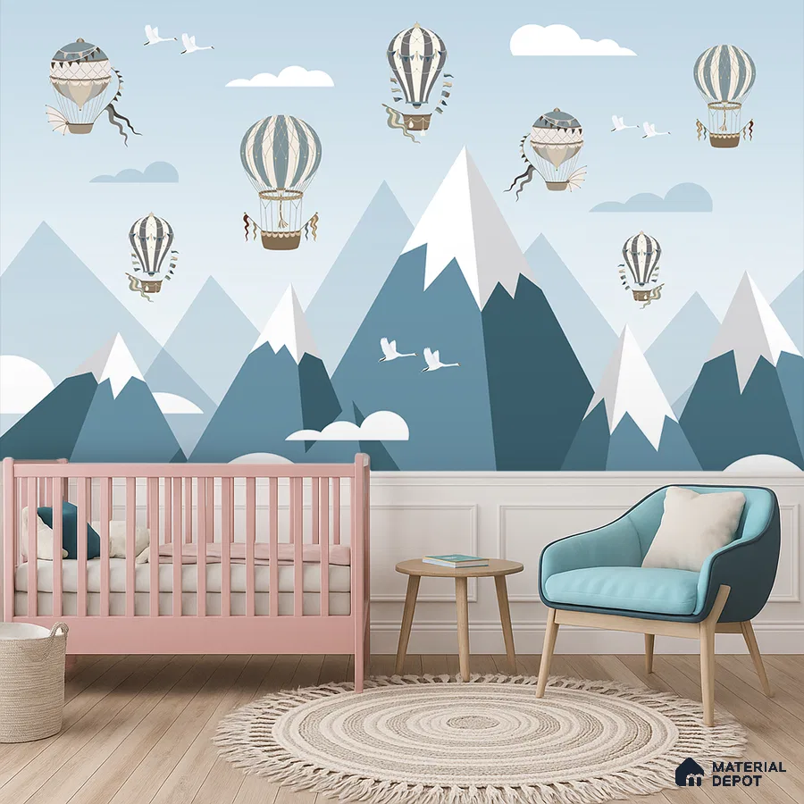 Scandinavian kids room with pastel hot air balloon wallpaper and light wood flooring in Bengaluru