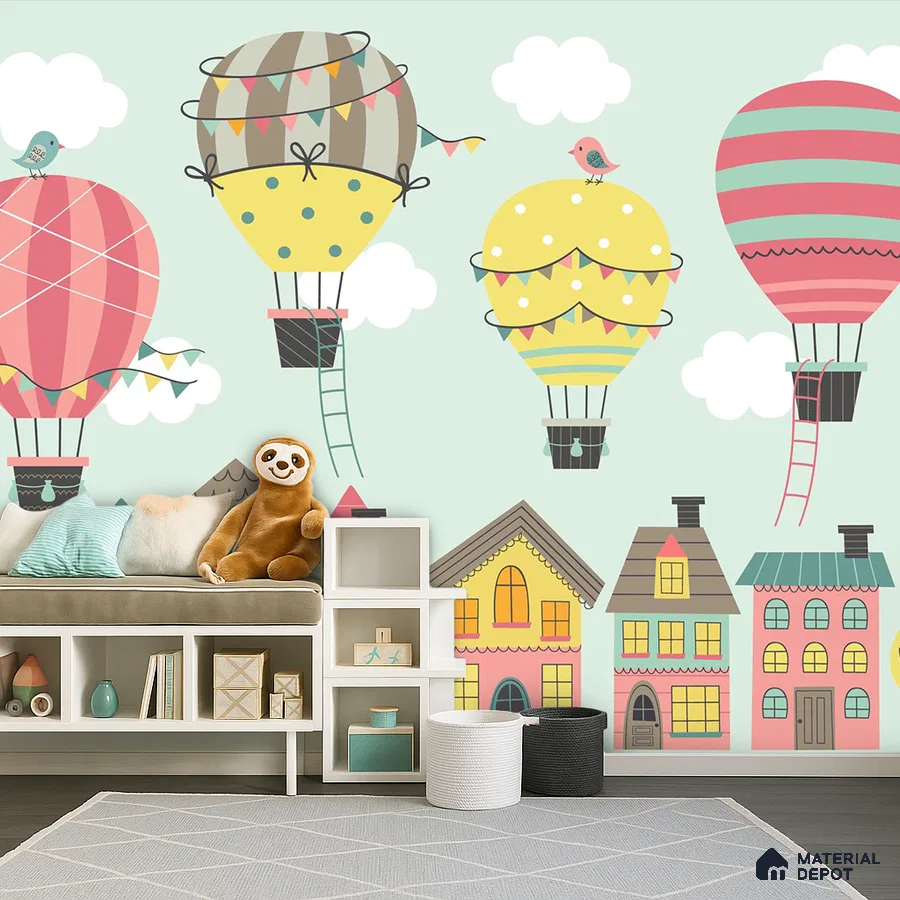 Scandinavian kids room with pastel hot air balloon wallpaper and white modular storage in Bengaluru
