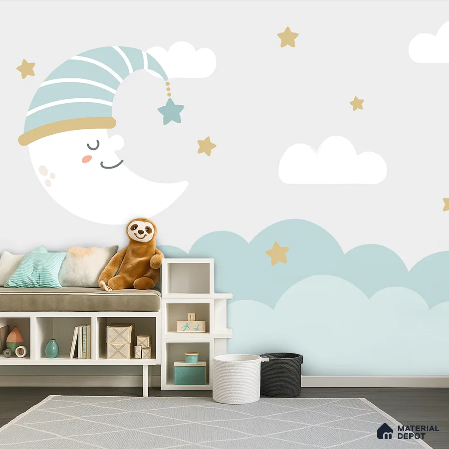 Scandinavian kids room with pastel moon and stars wallpaper and white modular storage in Bengaluru
