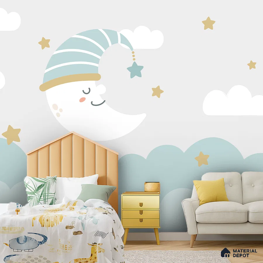 Scandinavian kids room with pastel moon and stars wallpaper, fluted headboard, and playful decor in Bengaluru