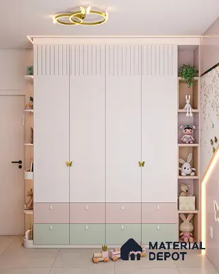 Scandinavian kids room with pastel pink and green laminate wardrobe and fluted detailing | Material Depot