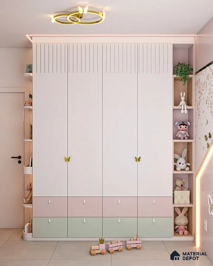 Scandinavian kids room with pastel pink and green laminate wardrobe and fluted detailing | Material Depot