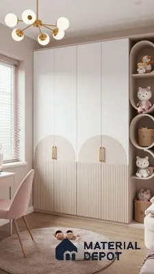 Scandinavian kids room with pastel pink and white fluted laminate wardrobe and light wood flooring | Material Depot