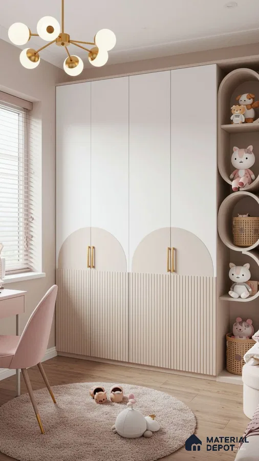 Scandinavian kids room with pastel pink and white fluted laminate wardrobe and light wood flooring | Material Depot