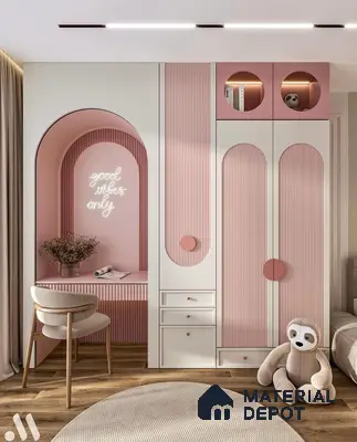 Scandinavian kids room with pastel pink and white fluted laminate wardrobe and study, wooden flooring | Material Depot
