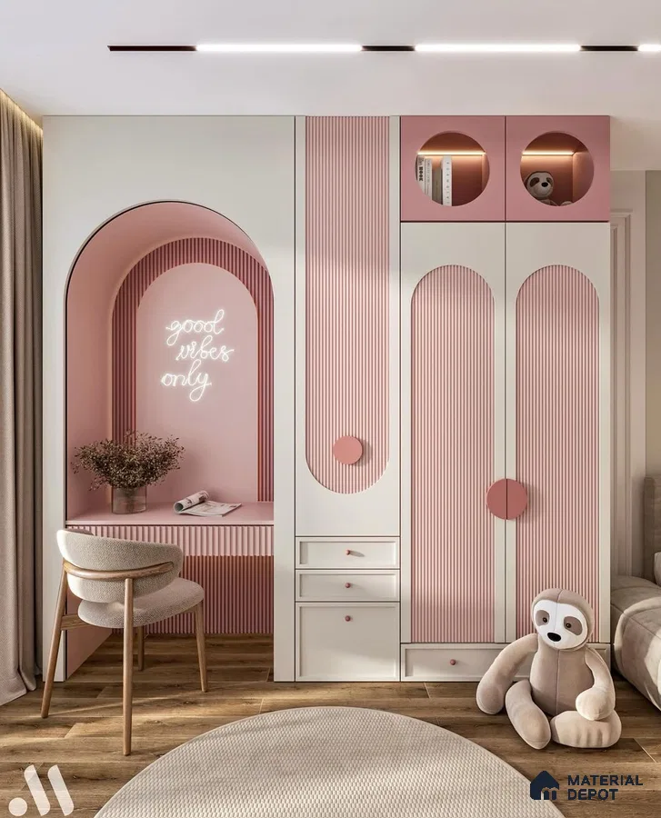 Scandinavian kids room with pastel pink and white fluted laminate wardrobe and study, wooden flooring | Material Depot