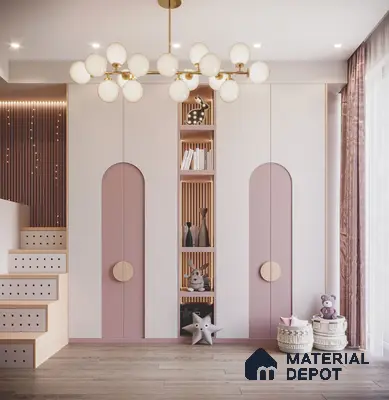 Scandinavian kids room with pastel pink and white laminate wardrobe, wood louver accents, and light oak wooden flooring | Material Depot