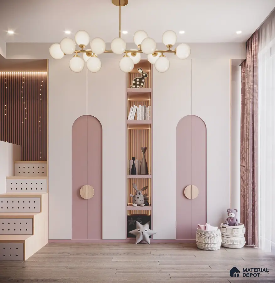 Scandinavian kids room with pastel pink and white laminate wardrobe, wood louver accents, and light oak wooden flooring | Material Depot