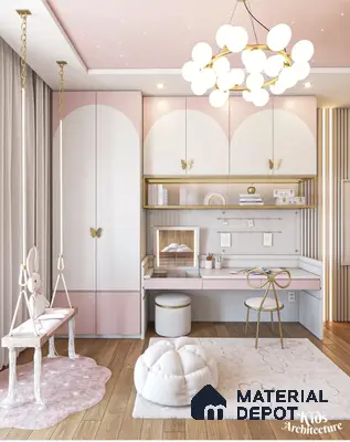 Scandinavian kids room with pastel pink and white laminate wardrobes, wooden flooring, and playful decor | Material Depot
