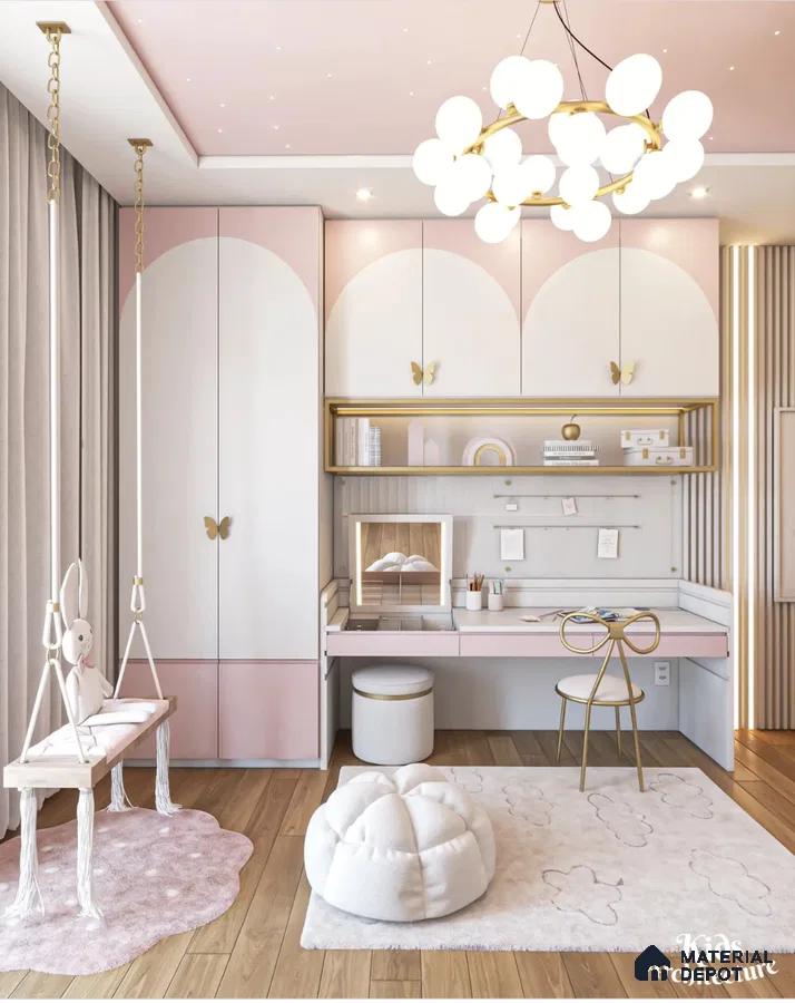 Scandinavian kids room with pastel pink and white laminate wardrobes, wooden flooring, and playful decor | Material Depot