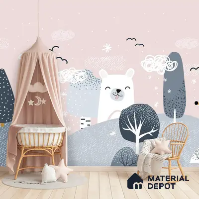 Scandinavian kids room with pastel pink animal-themed wallpaper and light wood flooring in Bengaluru