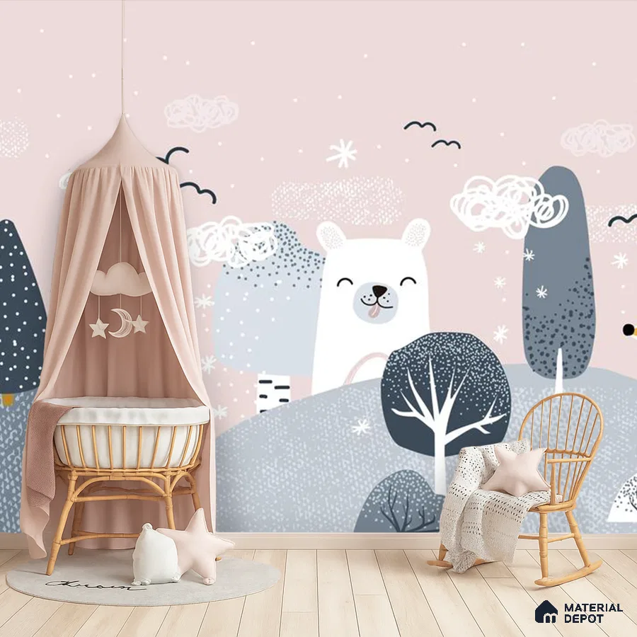 Scandinavian kids room with pastel pink animal-themed wallpaper and light wood flooring in Bengaluru