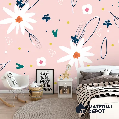 Scandinavian kids room with pastel pink floral wallpaper and light wood flooring in Bengaluru