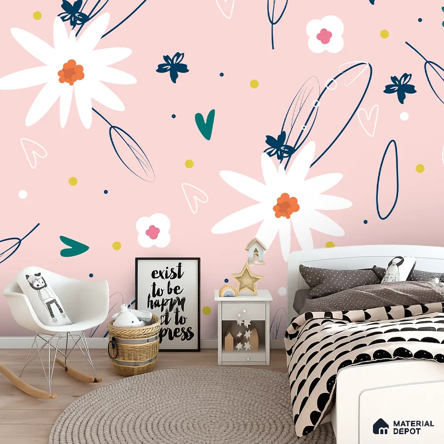 Scandinavian kids room with pastel pink floral wallpaper and light wood flooring in Bengaluru