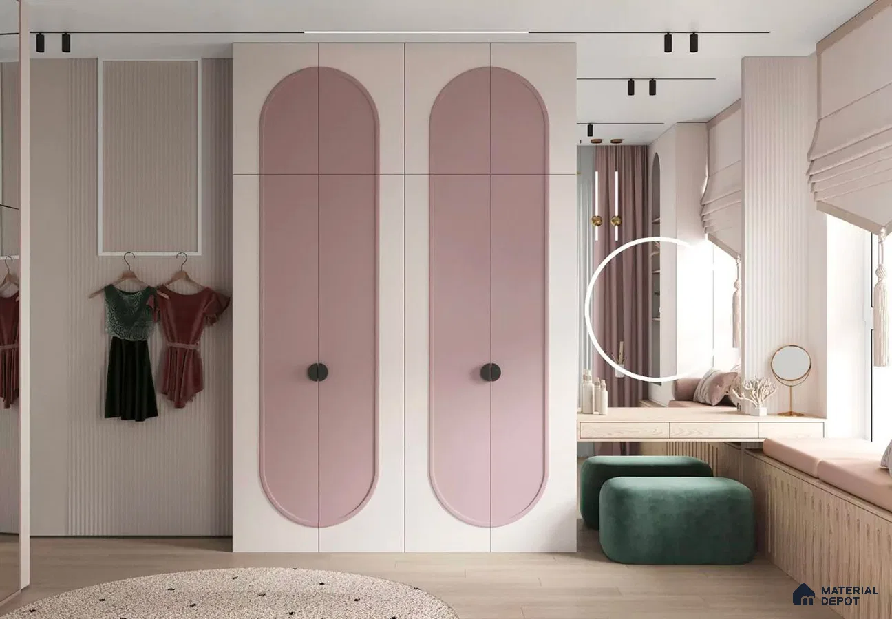 Scandinavian kids room with pastel pink laminate wardrobe and light wood accents | Material Depot