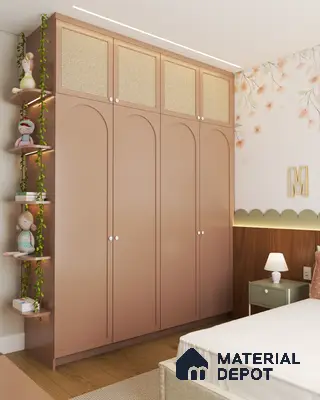 Scandinavian kids room with pastel pink laminate wardrobe, cane shutters, and floral wallpaper | Material Depot