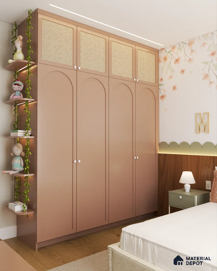 Scandinavian kids room with pastel pink laminate wardrobe, cane shutters, and floral wallpaper | Material Depot