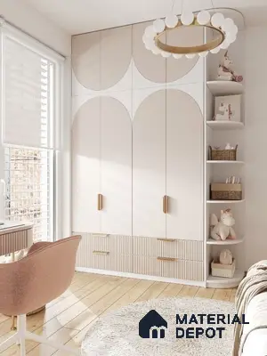Scandinavian kids room with pastel pink solid laminate wardrobe and light wood flooring | Material Depot