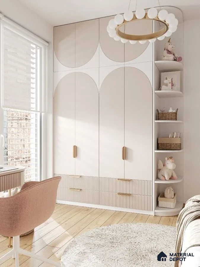 Scandinavian kids room with pastel pink solid laminate wardrobe and light wood flooring | Material Depot