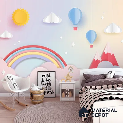Scandinavian kids room with pastel rainbow and hot air balloon wallpaper and white furniture in Bengaluru