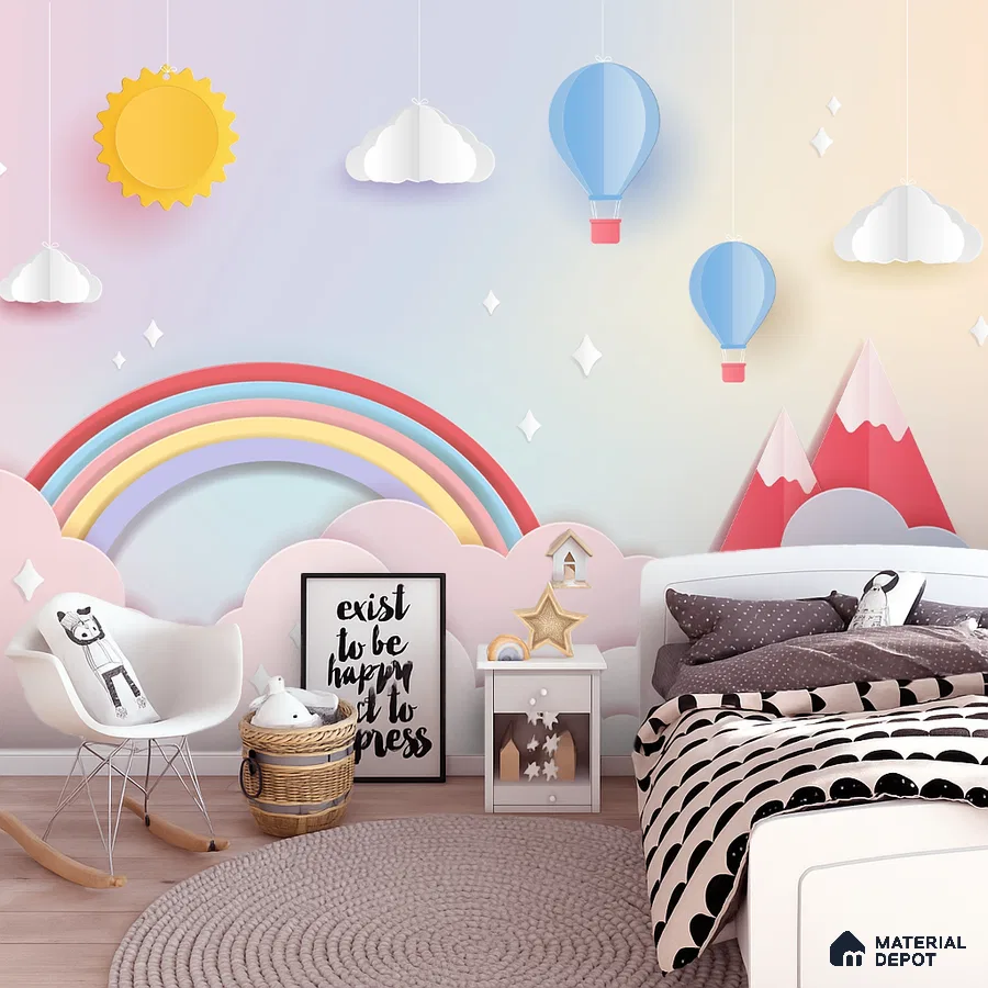 Scandinavian kids room with pastel rainbow and hot air balloon wallpaper and white furniture in Bengaluru