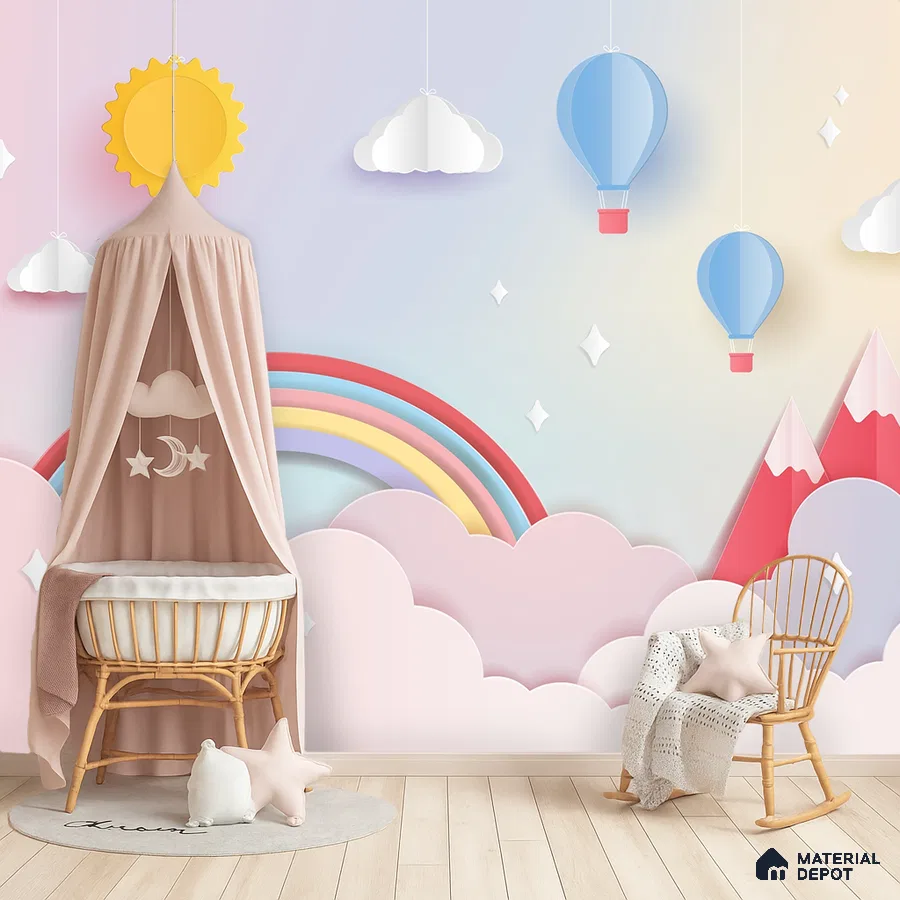Scandinavian kids room with pastel rainbow wallpaper and light wood flooring in Bengaluru