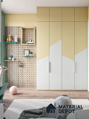 Scandinavian kids room with pastel yellow and white geometric laminate wardrobe and pegboard wall panel | Material Depot