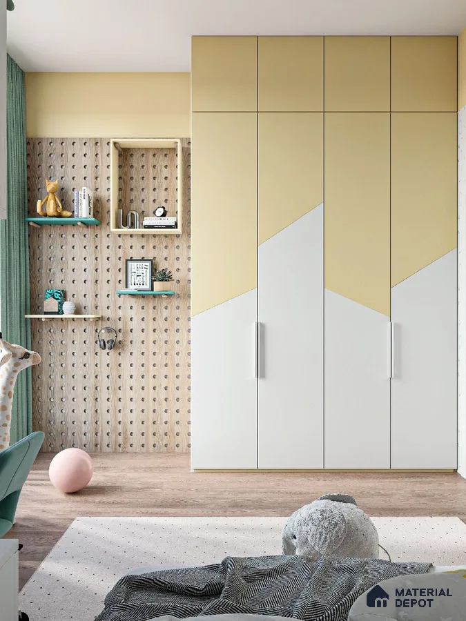 Scandinavian kids room with pastel yellow and white geometric laminate wardrobe and pegboard wall panel | Material Depot