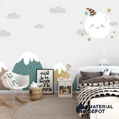 Scandinavian kids room with playful mountain and moon patterned wallpaper and light wood flooring in Bengaluru