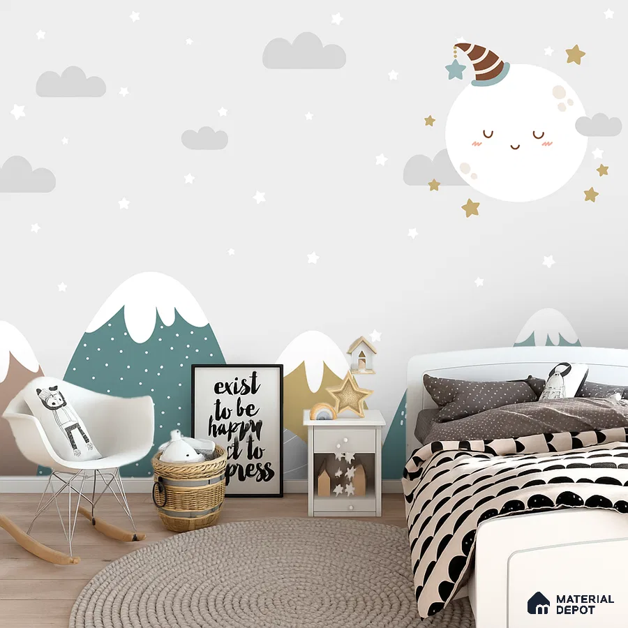 Scandinavian kids room with playful mountain and moon patterned wallpaper and light wood flooring in Bengaluru