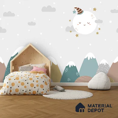Scandinavian kids room with playful mountain mural wallpaper and light wood bed in Bengaluru